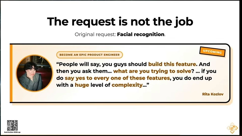 Slide names facial recognition as the original request and quotes Rita Kozlov on asking what problem a feature solves.
