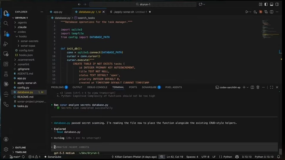 The terminal reports a successful secret scan while the agent reads the database module.
