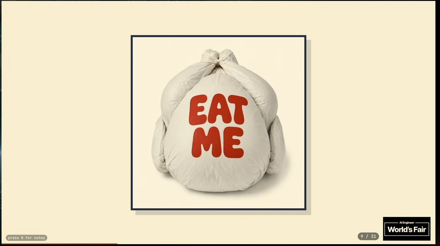 A wrapped bird with the words “Eat me” printed in red.