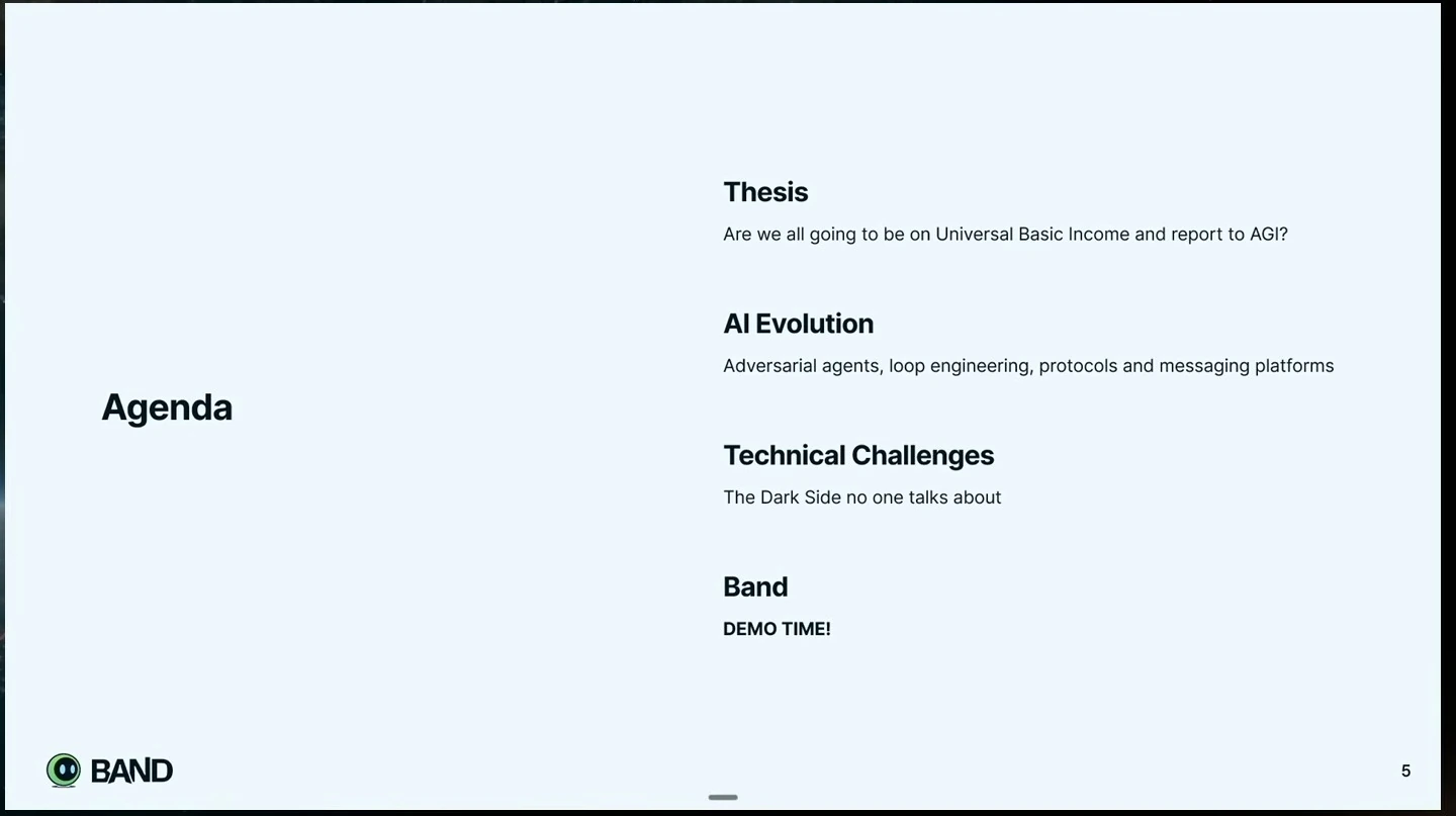 Agenda listing the thesis, AI evolution, technical challenges, and a Band demo.