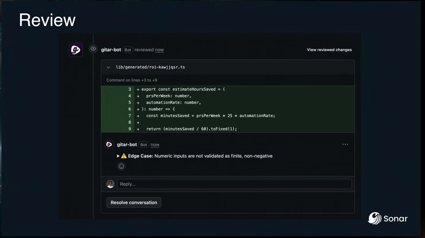 A pull request review screenshot shows a bot flagging missing validation for numeric inputs.