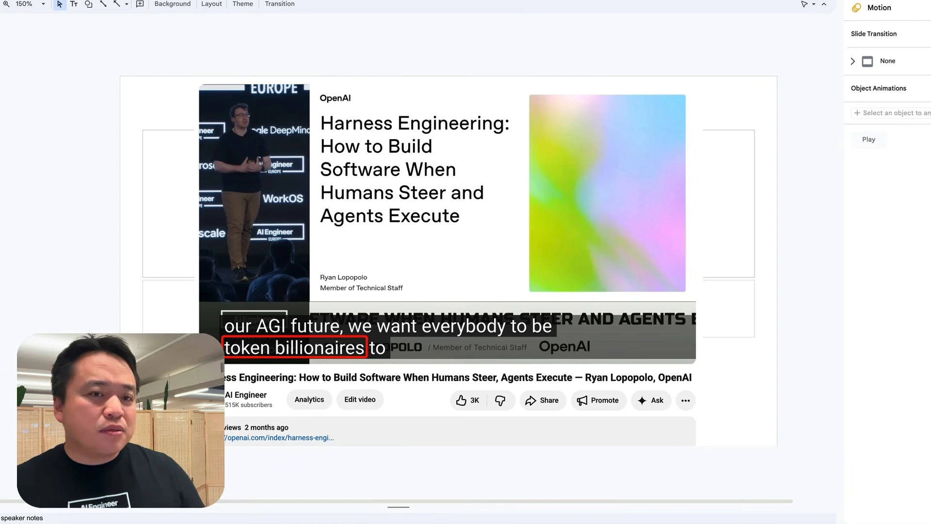 Ryan Lopopolo’s Harness Engineering talk screenshot with the phrase token billionaires highlighted.