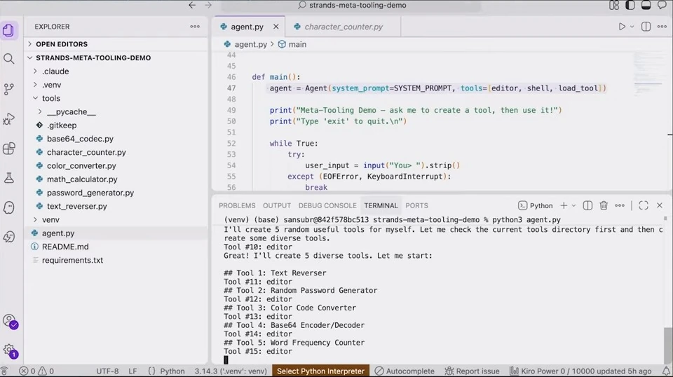Code editor and terminal showing an agent creating several tools.