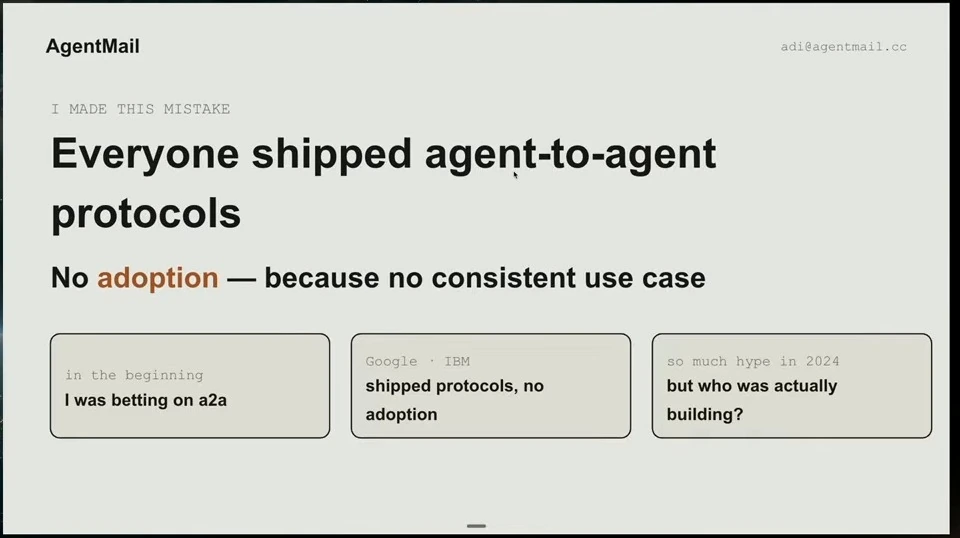 The slide argues that agent-to-agent protocols lacked adoption because they lacked a consistent use case.