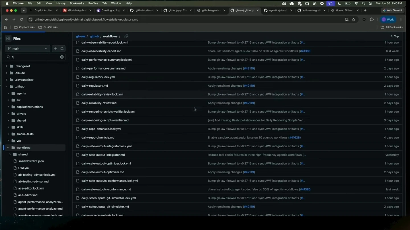 GitHub workflow directory listing daily reporting and regulatory workflows.