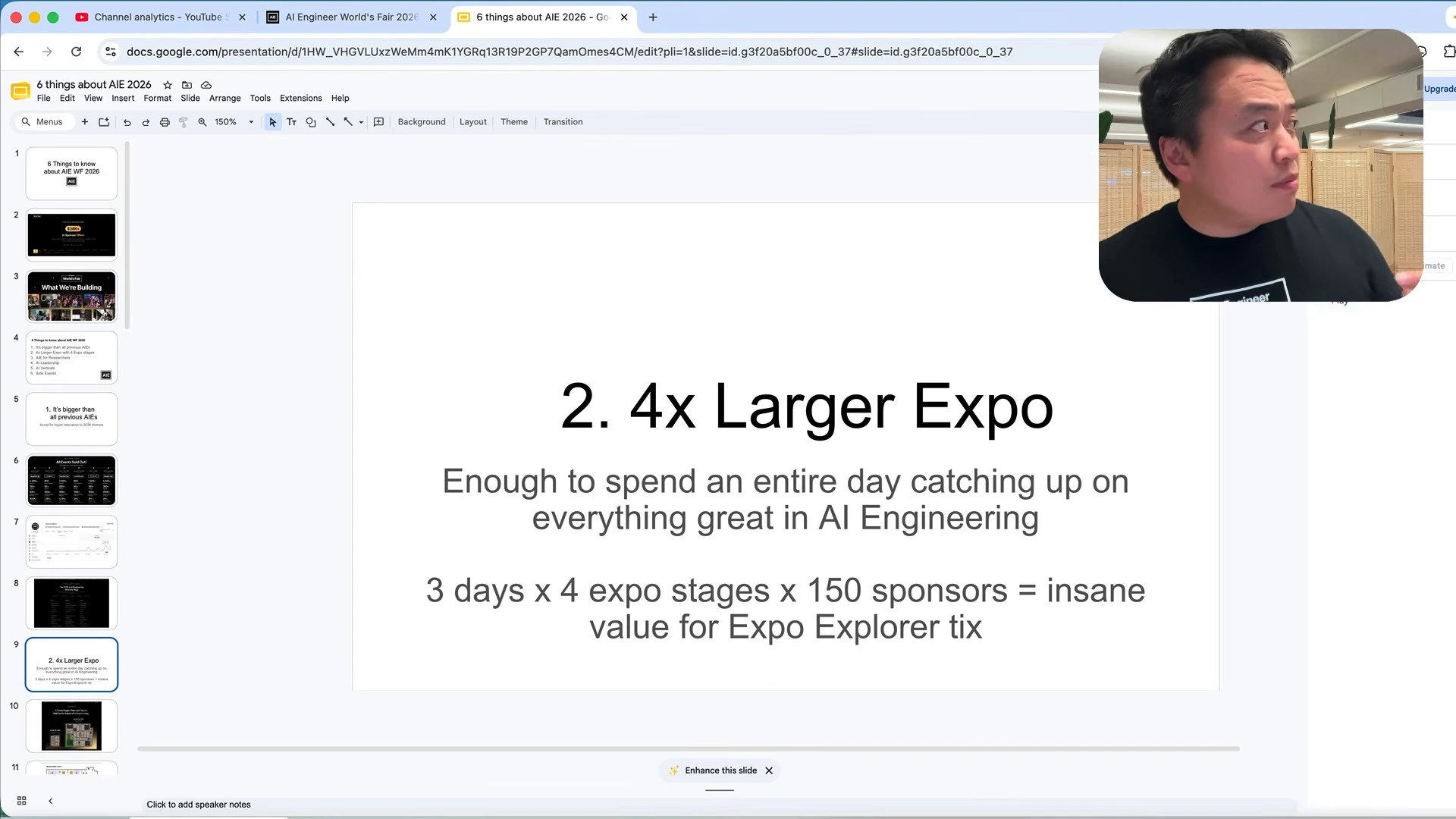 Slide describes a larger expo with three days, four stages and 150 sponsors.