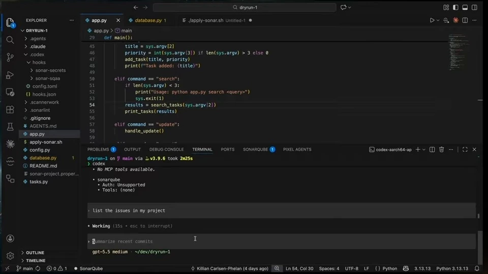 Codex receives a request to list project issues; the terminal reports no MCP tools available.