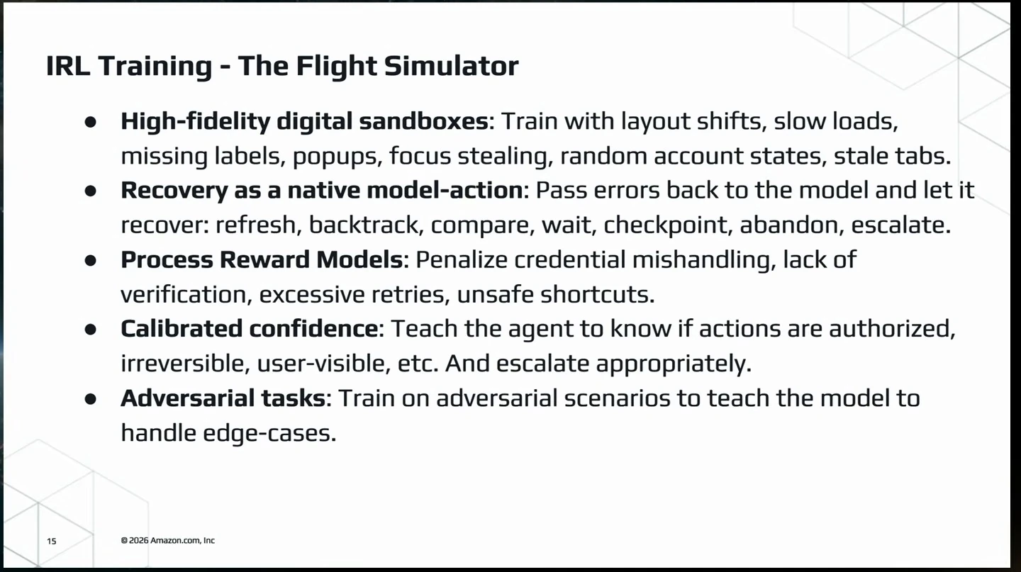 Training recommendations include realistic sandboxes, recovery actions, process rewards, calibrated confidence and adversarial tasks.