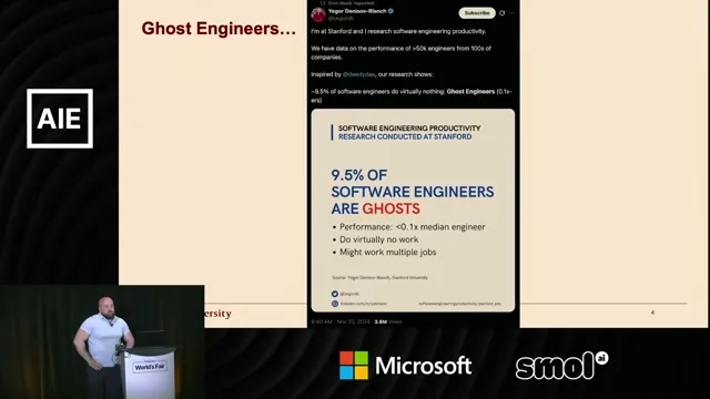 Selected presentation frame from Does AI Actually Boost Developer Productivity? (100k Devs Study) - Yegor Denisov-Blanch, Stanford at 182 seconds
