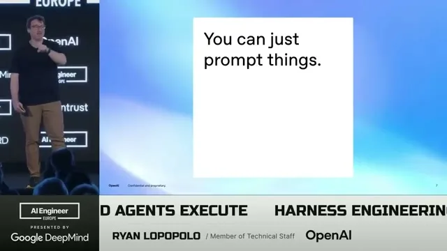 Selected presentation frame from Harness Engineering: How to Build Software When Humans Steer, Agents Execute — Ryan Lopopolo, OpenAI at 998 seconds