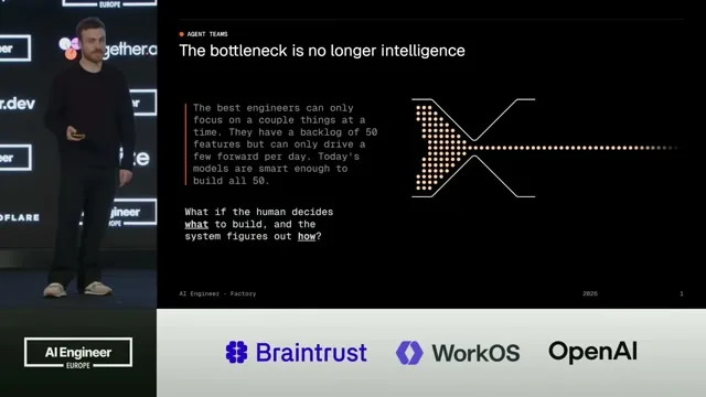 Selected presentation frame from The Multi-Agent Architecture That Actually Ships — Luke Alvoeiro, Factory at 108 seconds