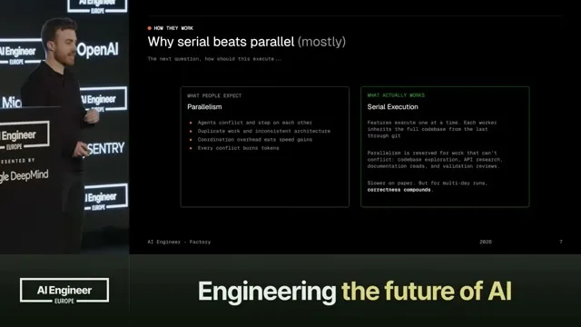 Selected presentation frame from The Multi-Agent Architecture That Actually Ships — Luke Alvoeiro, Factory at 604 seconds