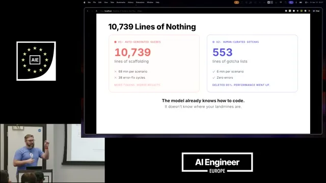 Selected presentation frame from How I deleted 95% of my agent skills and got better results — Nick Nisi, WorkOS at 495 seconds