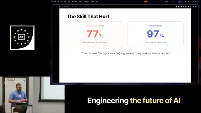 Selected presentation frame from How I deleted 95% of my agent skills and got better results — Nick Nisi, WorkOS at 582 seconds